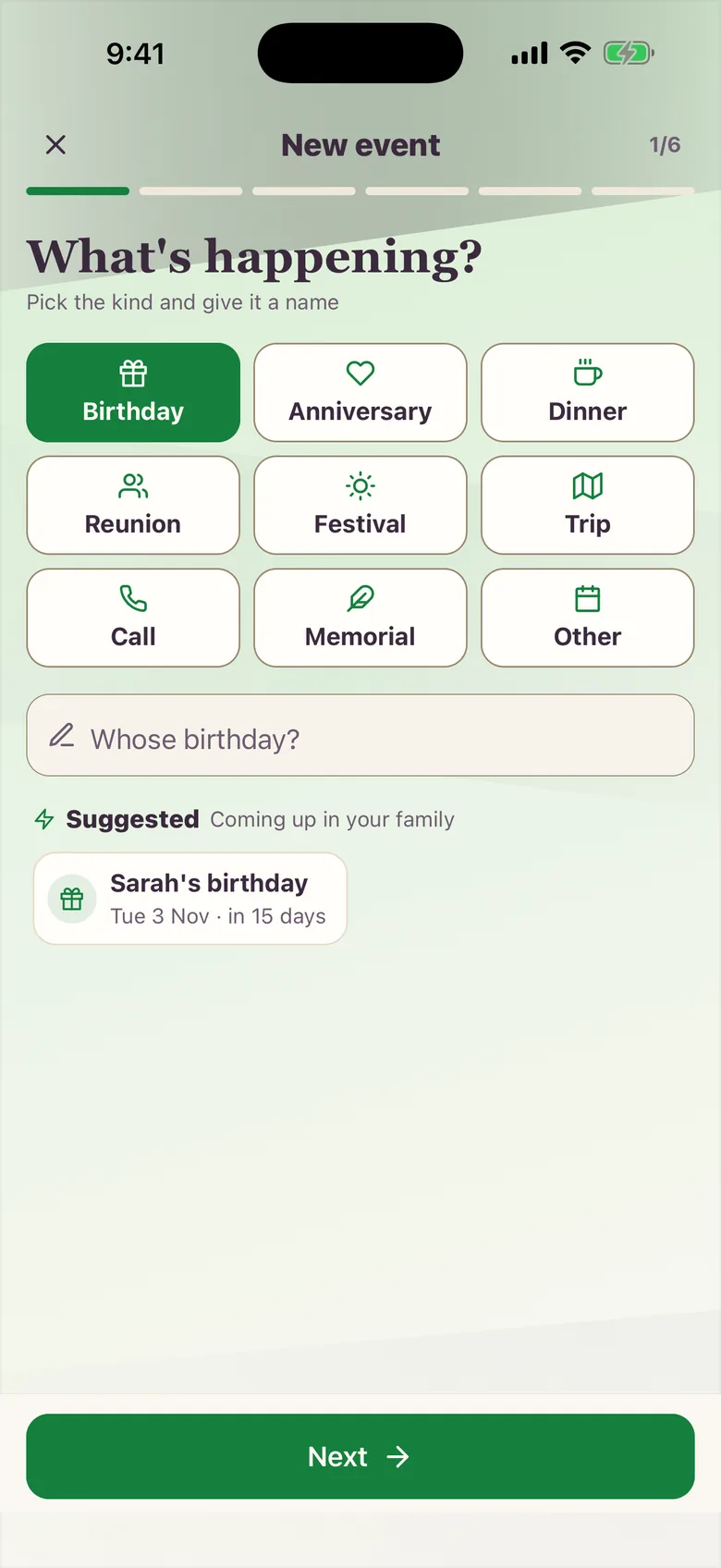 Step one of a new event in the Kunbaa app, with a sample family: pick what is happening, from a birthday or a festival to a call, and give it a name