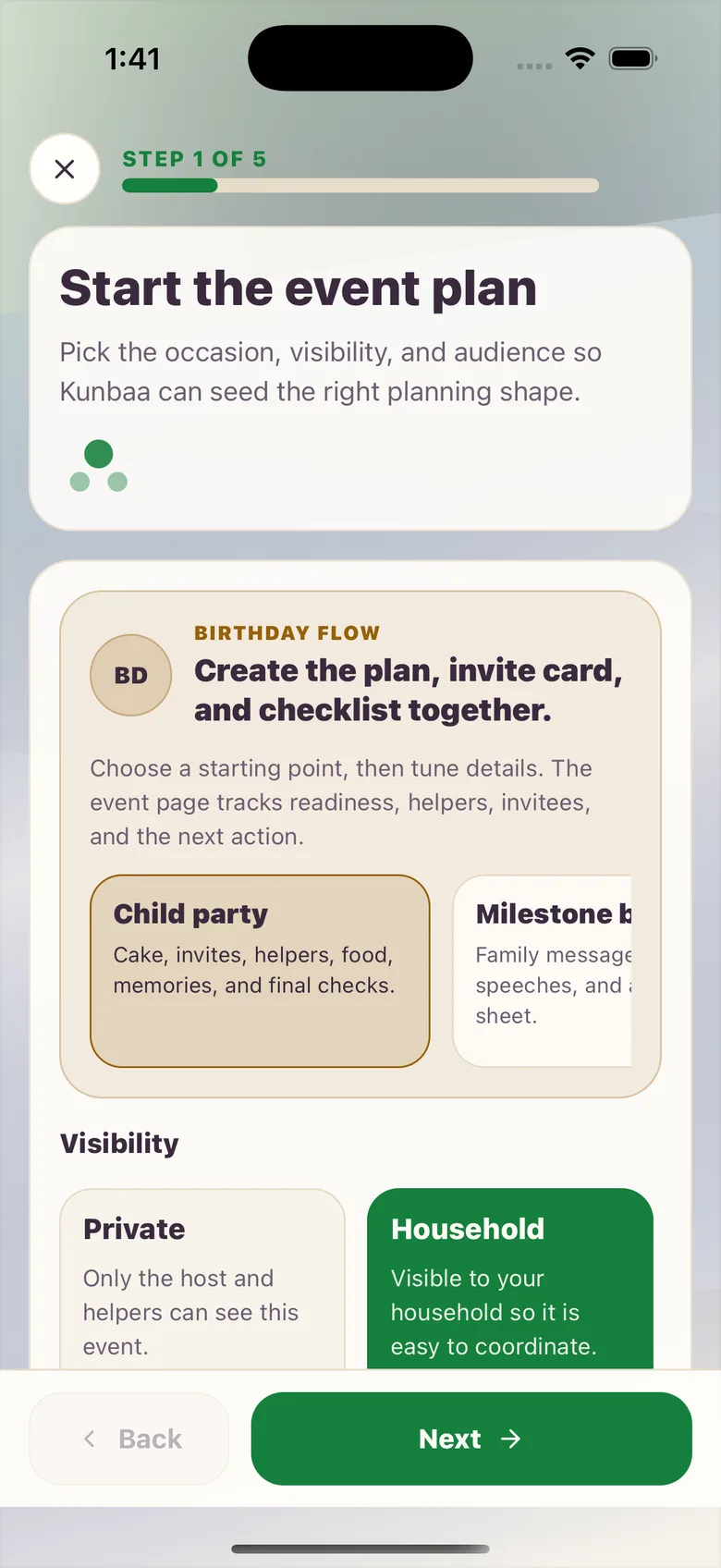 Step one of the Kunbaa event planner on a phone: choose a birthday flow such as a child party or milestone birthday, then who can see the event