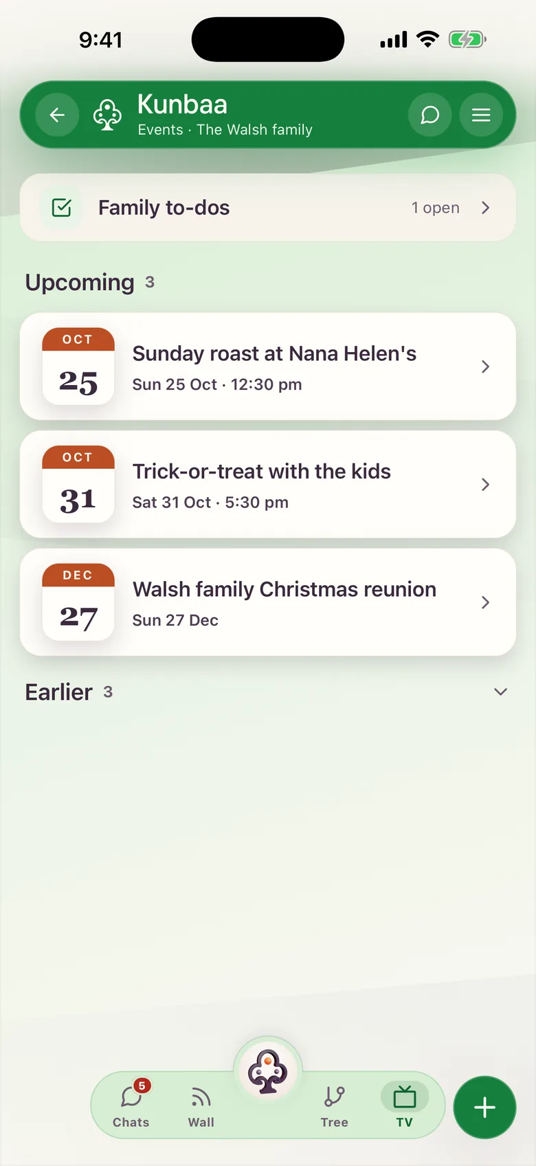 The Walsh family's events in the Kunbaa app (sample family): Sunday roast at Nana Helen's next up, then trick-or-treat and a Christmas reunion