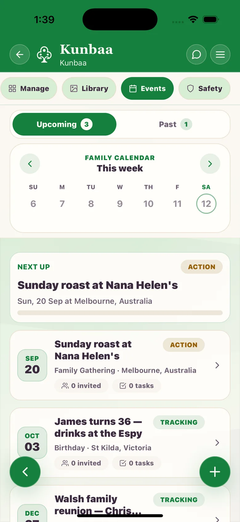 Upcoming family events in the Kunbaa app, with birthdays taken from the tree