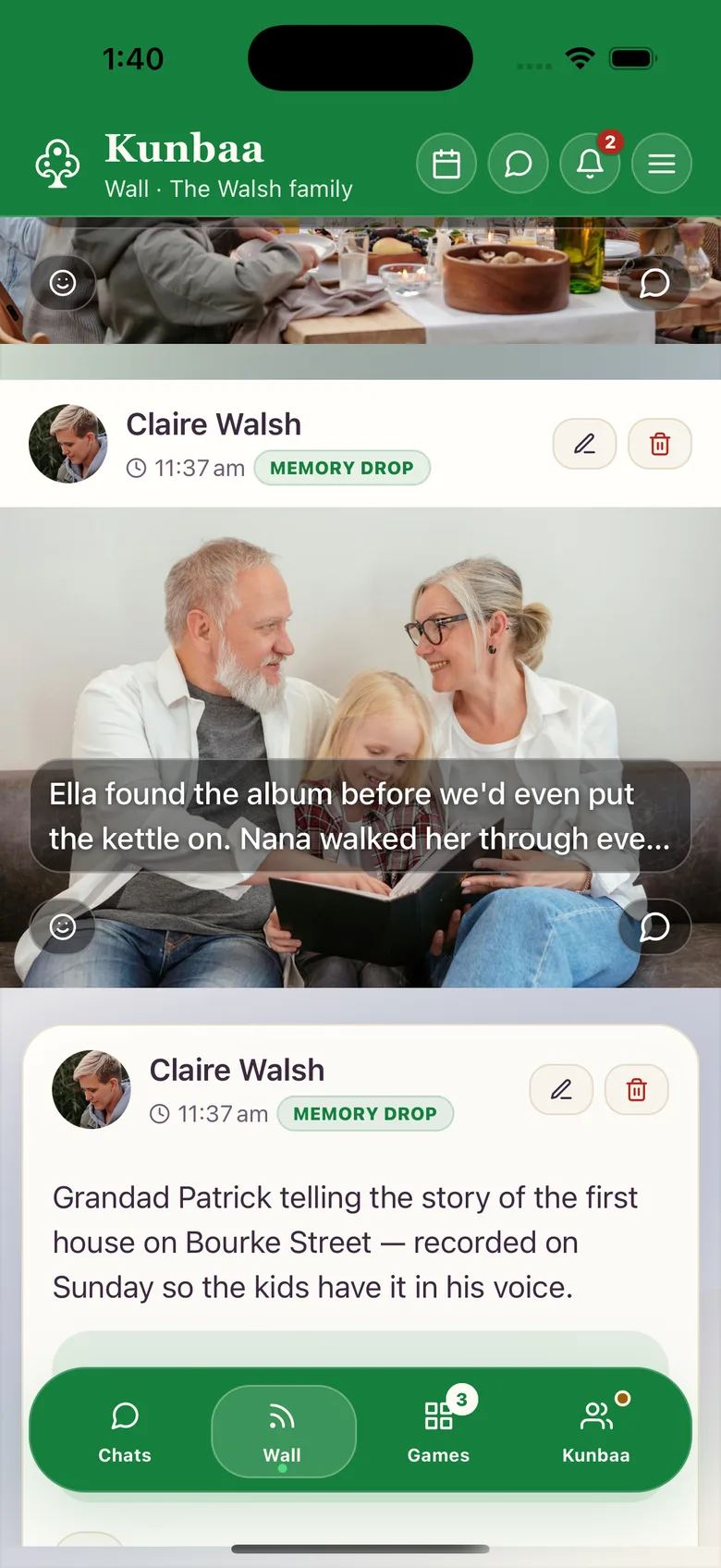 The family wall in the Kunbaa app with photos and memories from relatives, each captioned