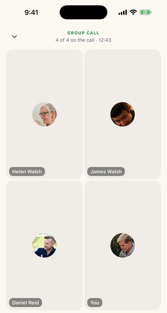 A group call in the Kunbaa app (test family): four relatives on one call