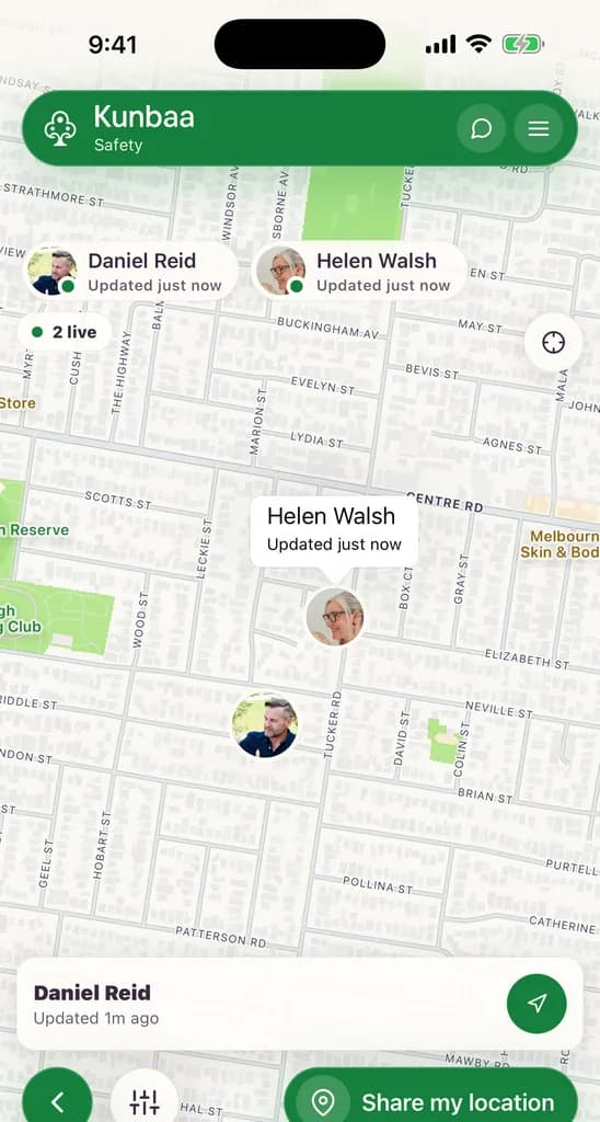 Family Safety in the Kunbaa app (test family): relatives on a private map, sharing for a set time