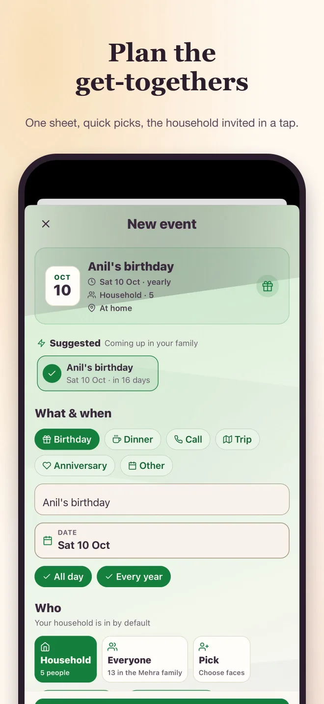 The Kunbaa app's new event sheet on a phone (test family): Anil's birthday on 10 October, yearly, at home, the household of five invited by default