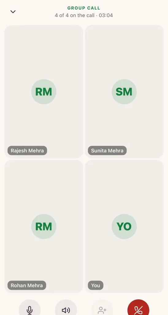 A group call in the Kunbaa app (test family): four relatives on one call