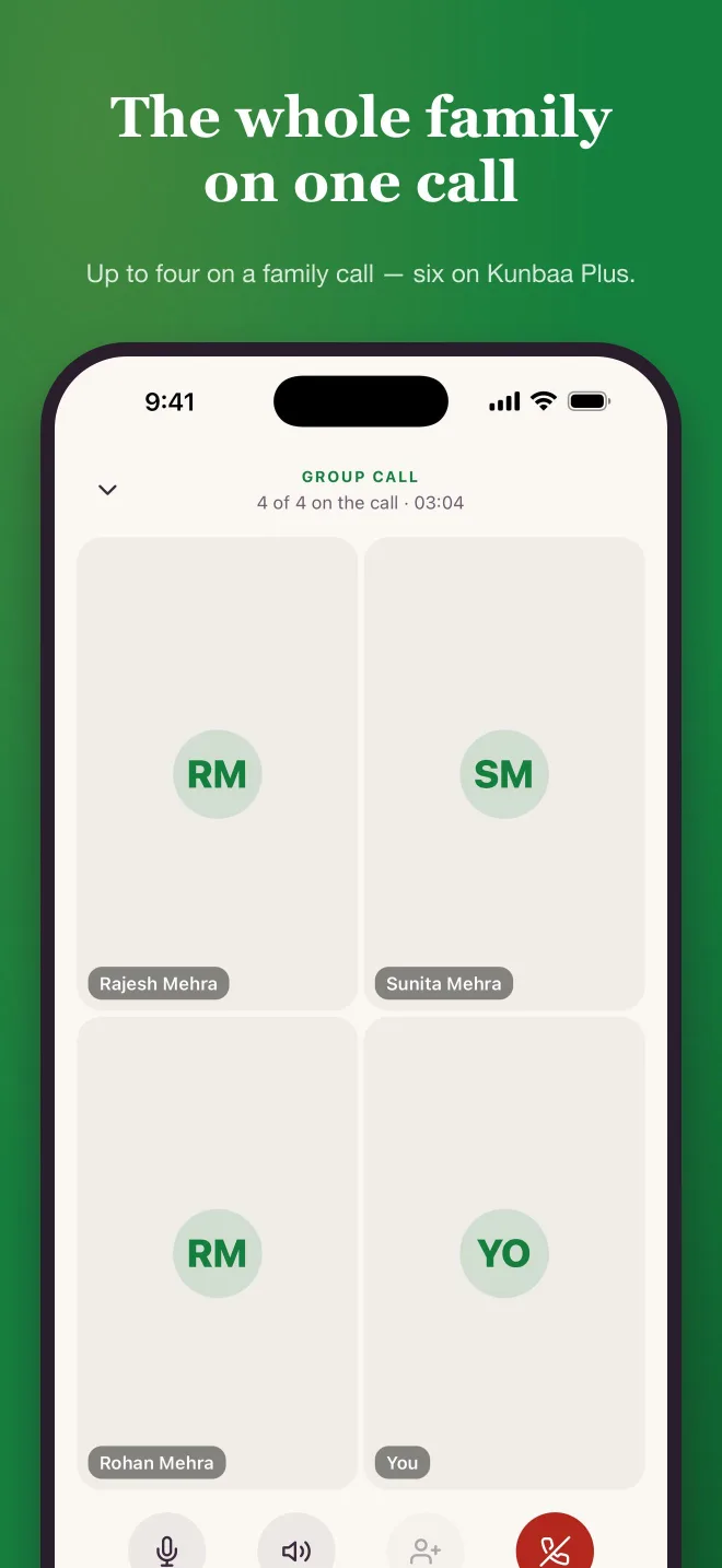 The Kunbaa app's group call screen on a phone (test family): four relatives on one call, each in their own tile