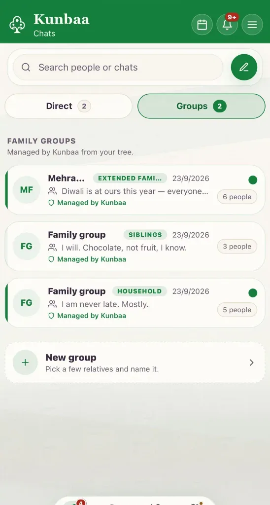 Family group chats in the Kunbaa app (test family): household, siblings and extended family, made from the tree