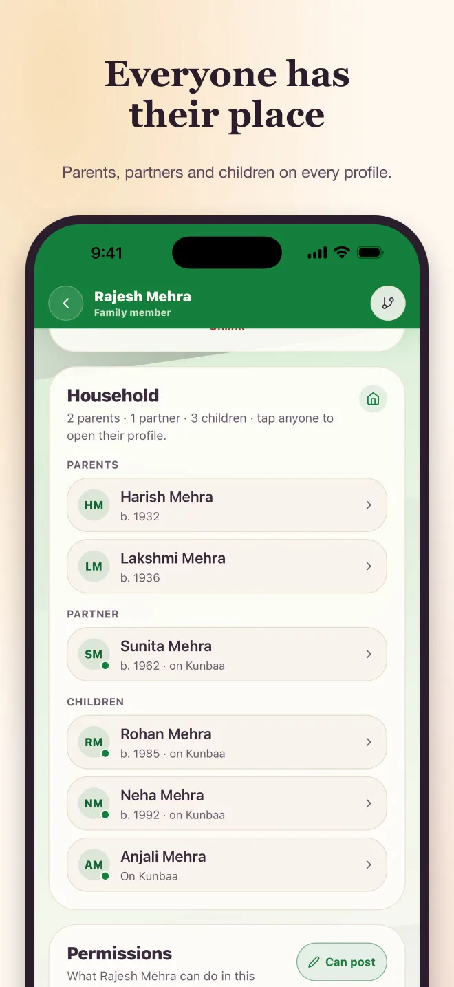 The Kunbaa app's member profile on a phone (test family): Rajesh Mehra's household — two parents, one partner, three children — with his permissions beneath