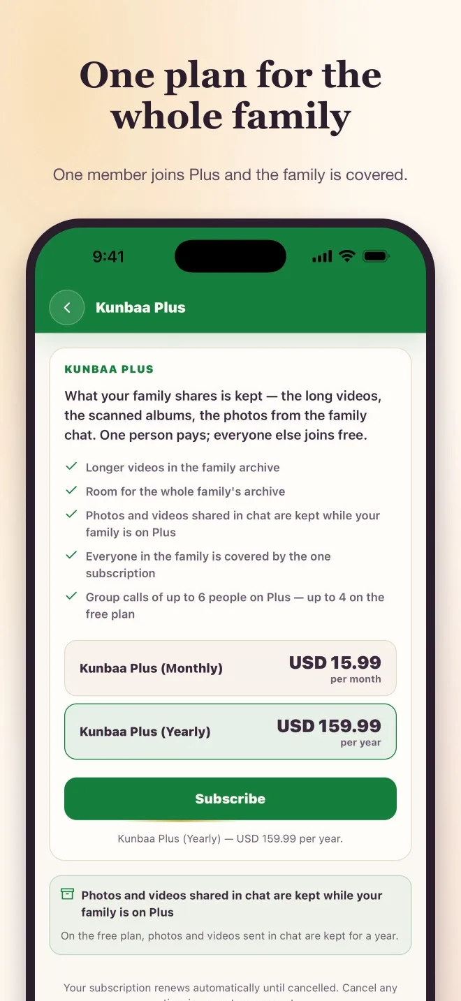 The Kunbaa Plus screen in the app (test family)