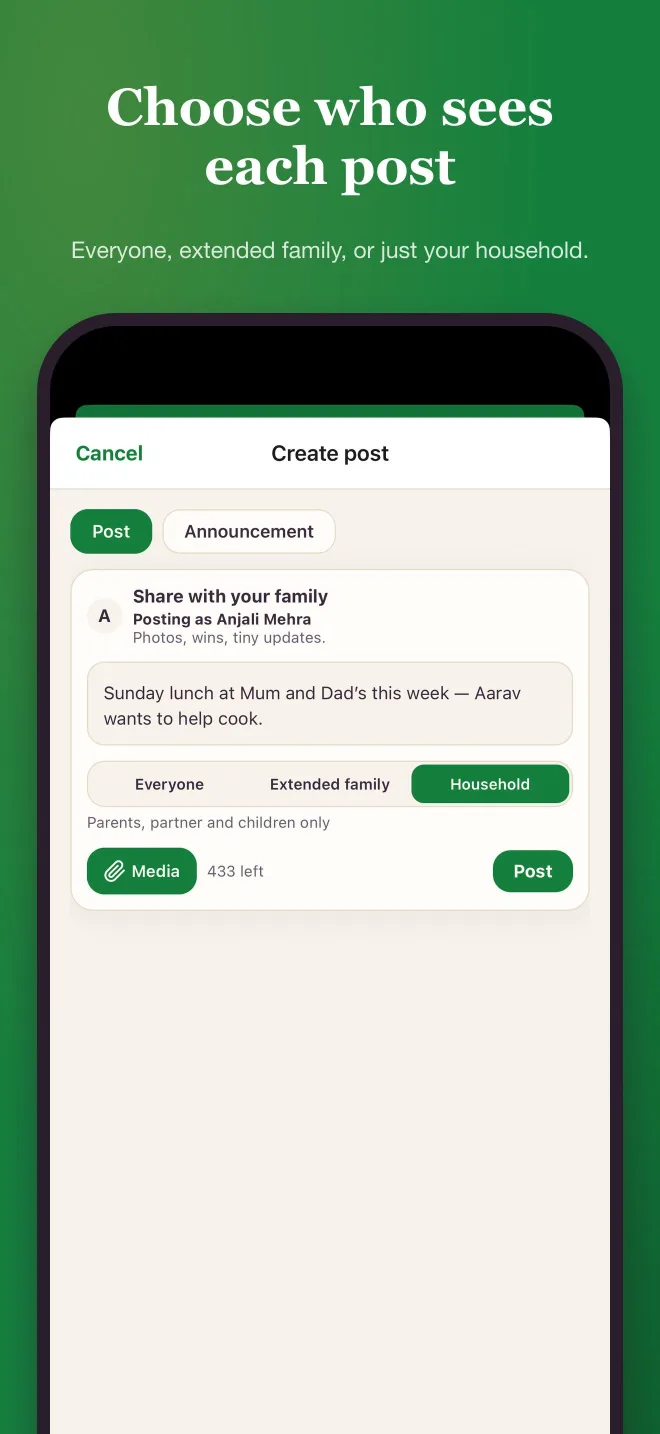 Choosing who can see a post in the Kunbaa app: the whole family, the extended family, or just the household