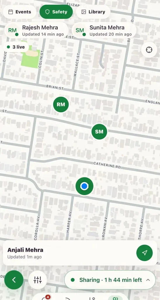 Family Safety in the Kunbaa app (test family): relatives on a private map, sharing for a set time