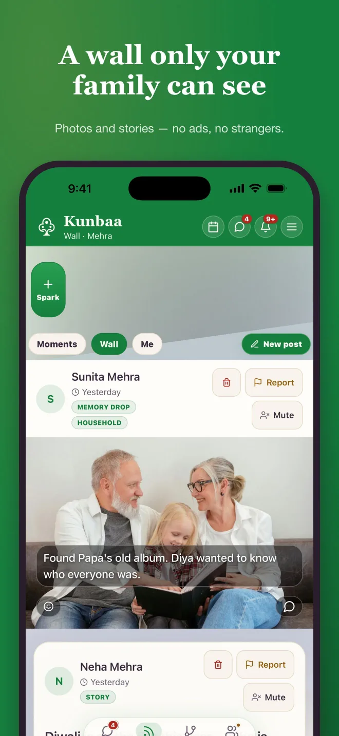 The Kunbaa app's family wall on a phone (test family): a photo of grandparents and a granddaughter reading an old album, captioned 'Found Papa's old album. Diya wanted to know who everyone was.', with a story post beneath it