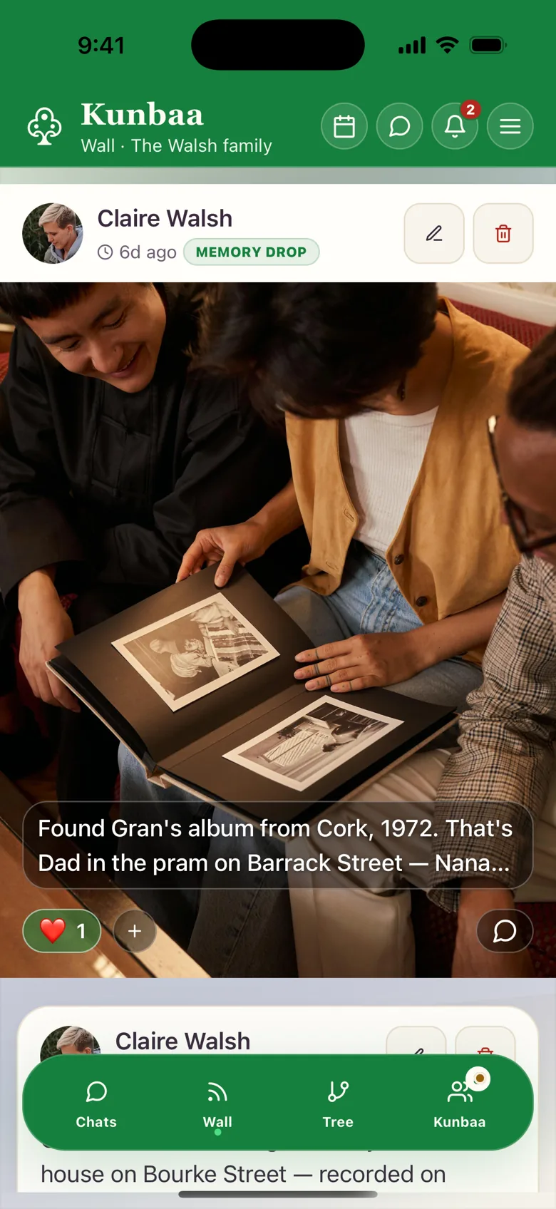A post on the Walsh family's wall in the Kunbaa app: a photo of relatives turning the pages of an old album, captioned with the place and year, with a heart from the family