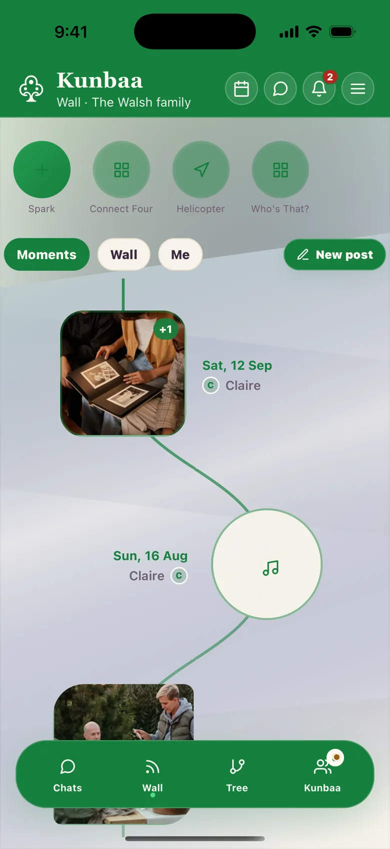 Moments, the default view of the Walsh family's wall in the Kunbaa app: moments along a curving line, each marked with who shared it — a photo of relatives looking through an old album on Sat 12 Sep, a voice note on Sun 16 Aug, and an outdoor family lunch further down