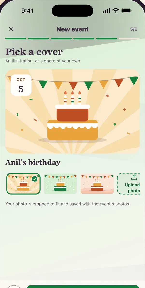 The new-event steps in the Kunbaa app (test family): picking a birthday cover for Anil's birthday on 5 October
