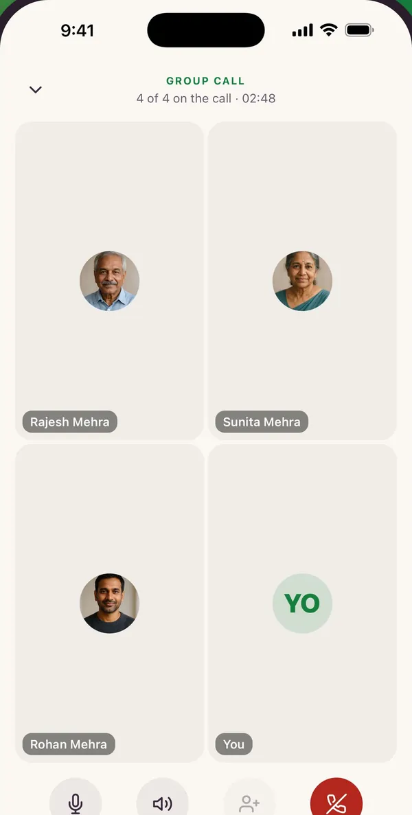 A family group call in the Kunbaa app (test family), each relative in their own tile