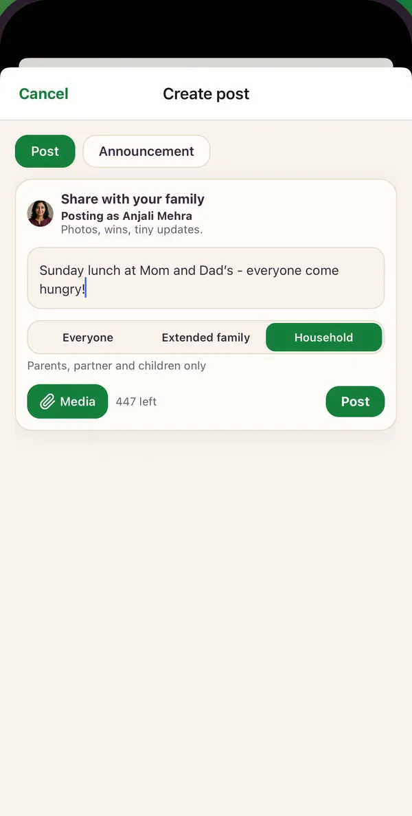 Creating a post in the Kunbaa app (test family) with the audience set to Household, beside Everyone and Extended family