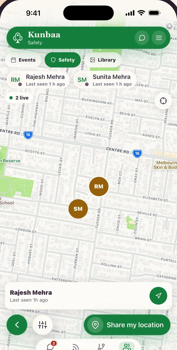 Family Safety in the Kunbaa app (test family): a private map with two relatives sharing their location for a while