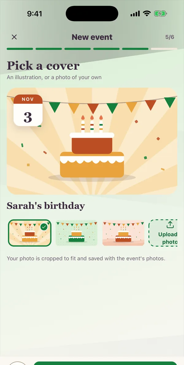 The new-event steps in the Kunbaa app (test family): picking a birthday cover for Sarah's birthday on 3 November