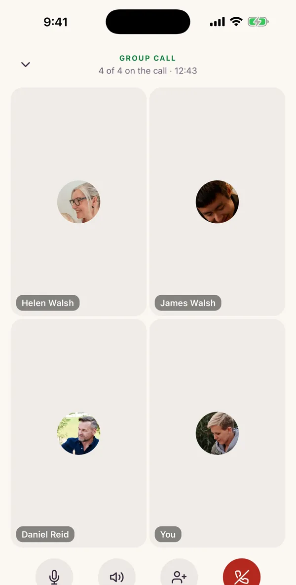A family group call in the Kunbaa app (test family): Helen, James, Daniel and Claire, four of four on the call
