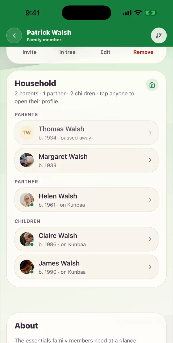 Patrick Walsh's profile in the Kunbaa app (sample family): his household, with his parents, his partner Helen and his children Claire and James