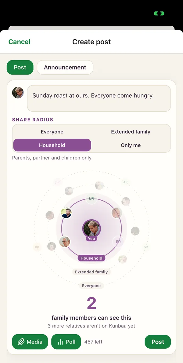 Creating a post in the Kunbaa app (test family) with the share radius set to Household, beside Everyone, Extended family and Only me