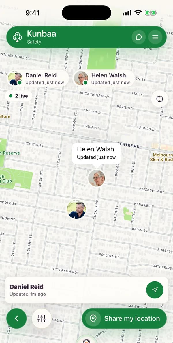 Family Safety in the Kunbaa app (test family): a private map with Daniel Reid and Helen Walsh sharing their location