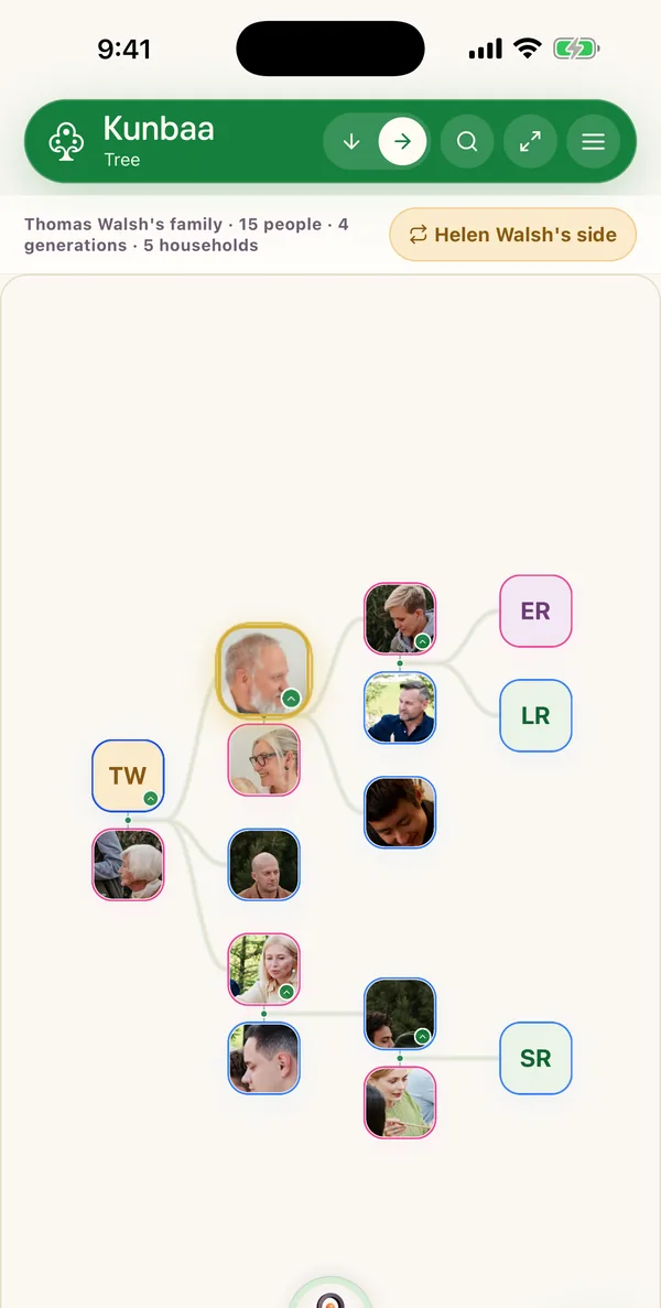 The Kunbaa family tree on a phone (test family): Thomas Walsh's family, 15 people across four generations, with photos on the adults and initials for the children
