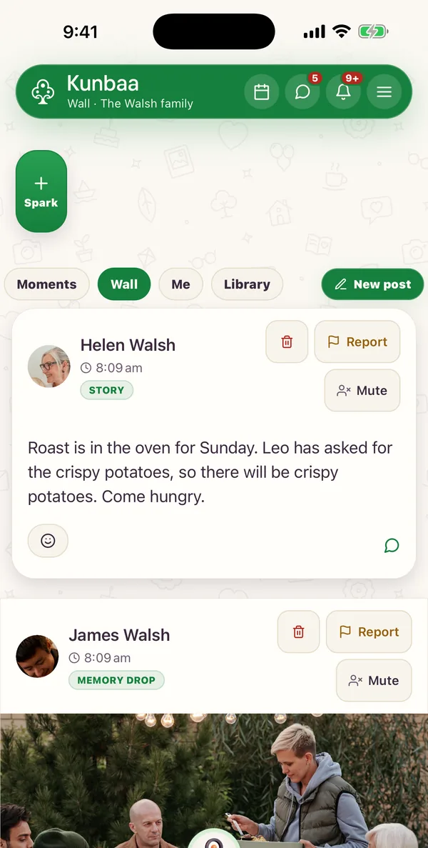 The family wall in the Kunbaa app (test family): a story post from Helen Walsh about Sunday's roast and a memory-drop post from James Walsh