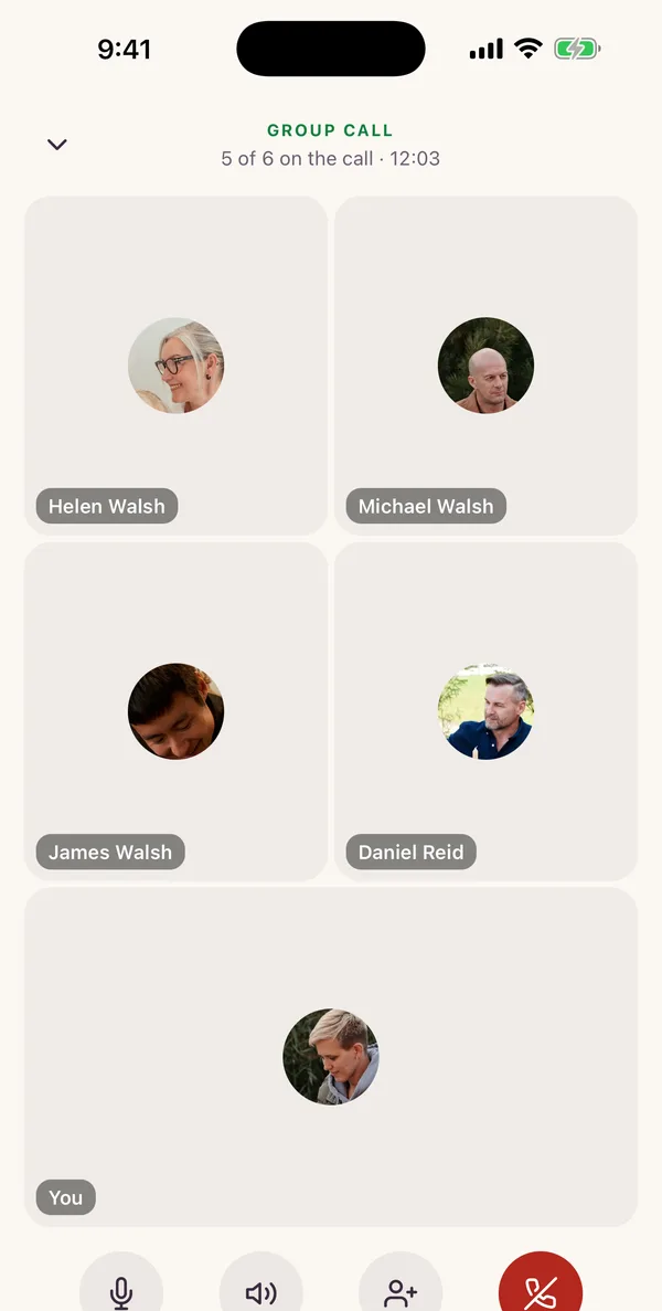 A family group call in the Kunbaa app with a sample family: Helen, Michael, James, Daniel and Claire, five of six on the call