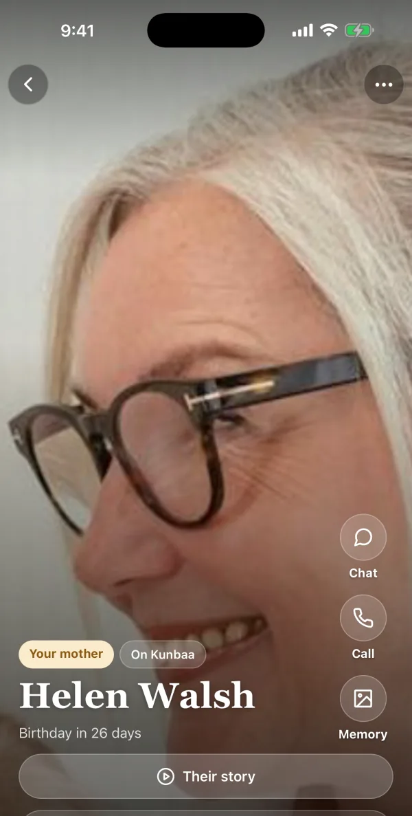 Helen Walsh's full-screen profile in the Kunbaa app, with a sample family: Your mother, birthday in 26 days, Chat, Call, Memory and Their story