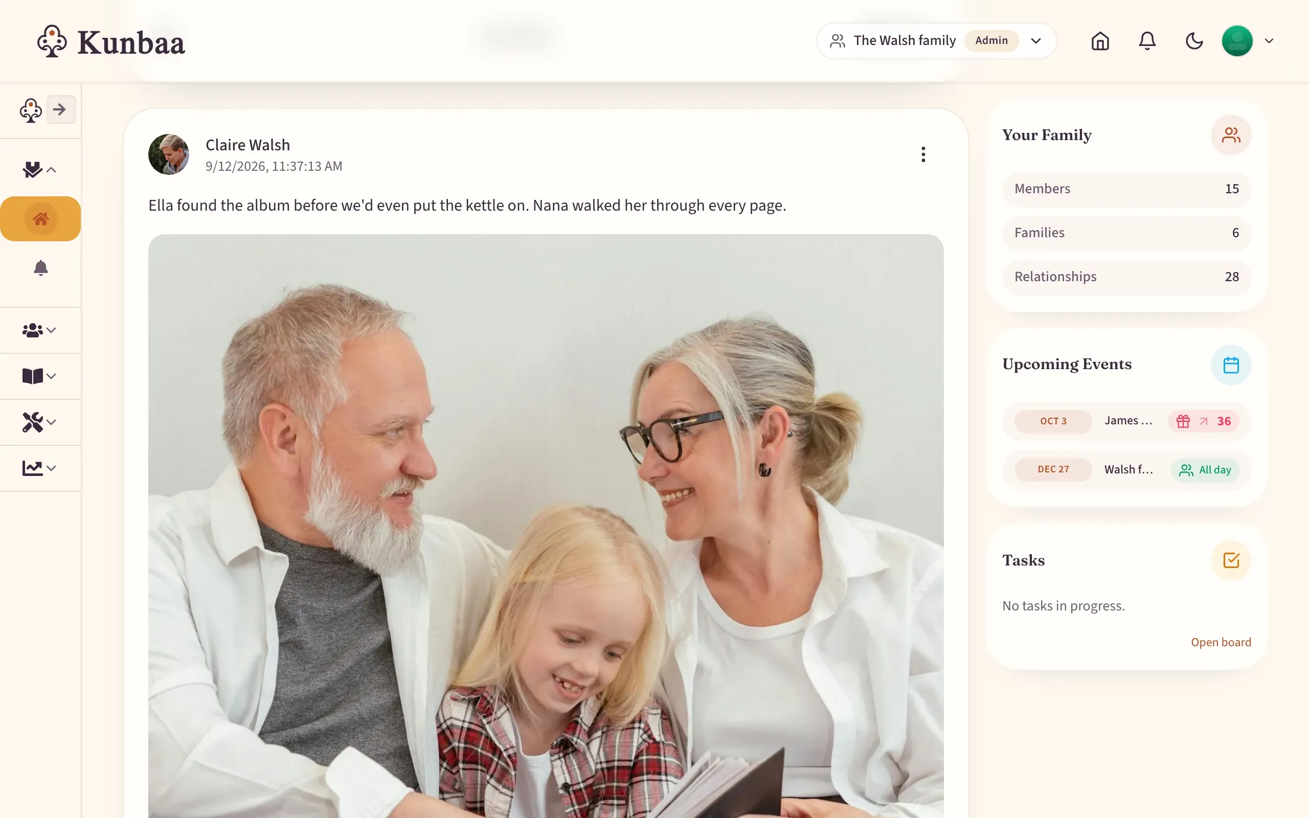 The family archive on kunbaa.com: photos and stories laid out along the family's timeline